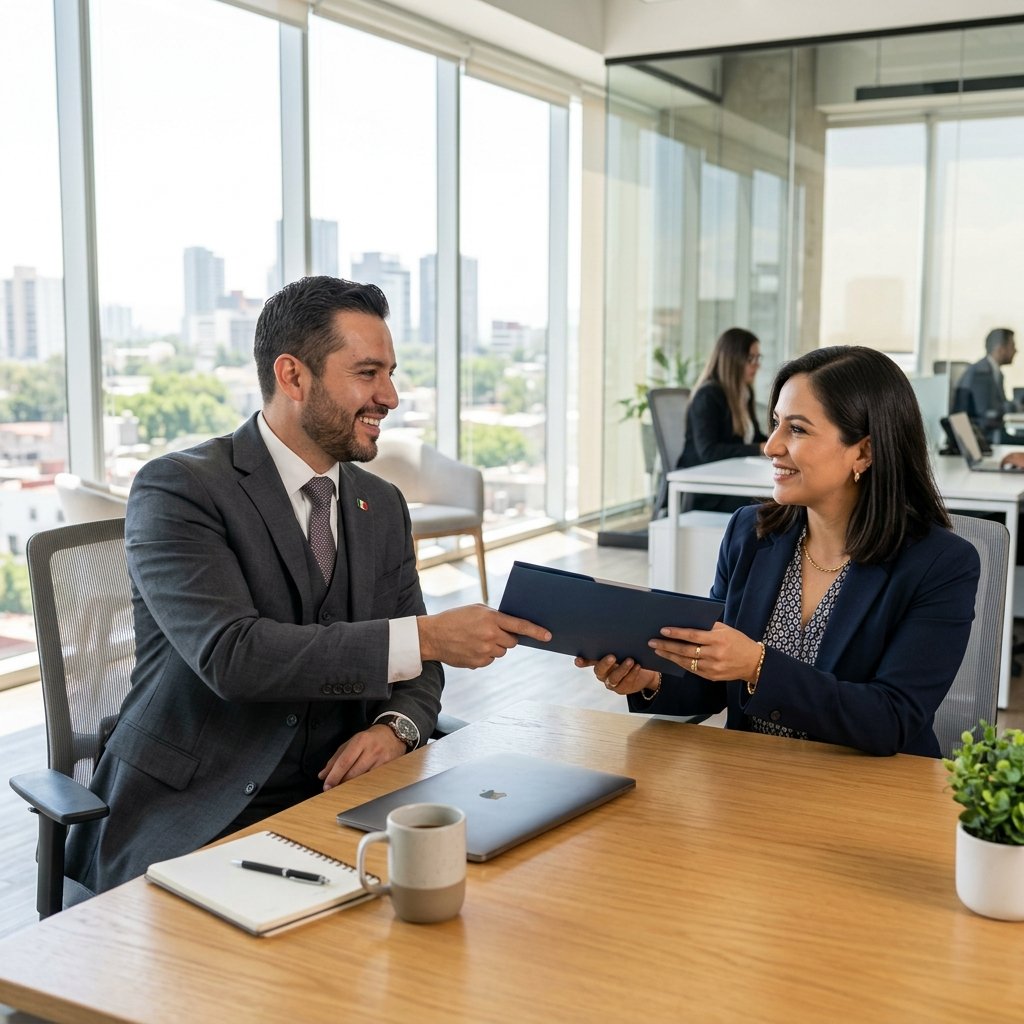 Contador entregando una cotizacion de servicios profesionales contables a un cliente