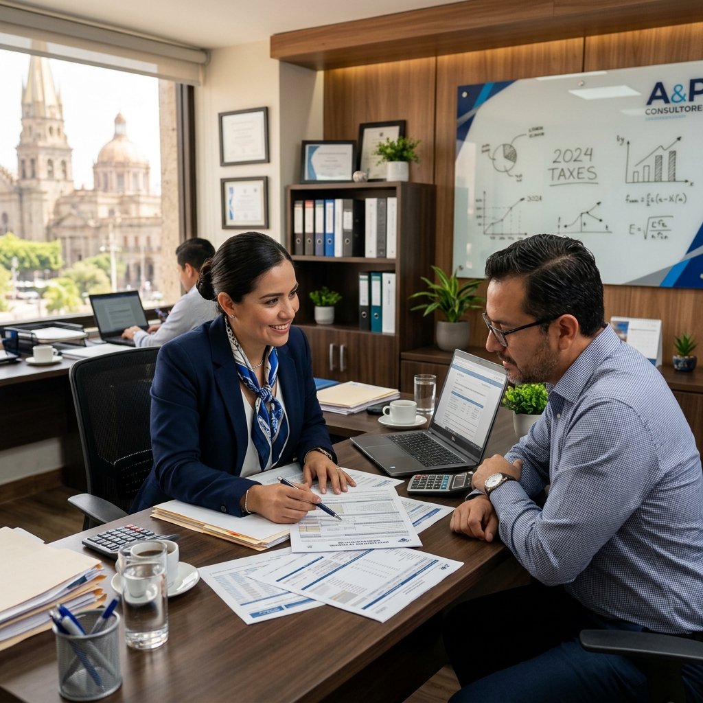 Asesor fiscal mexicano explicando regulaciones y contabilidad a un cliente