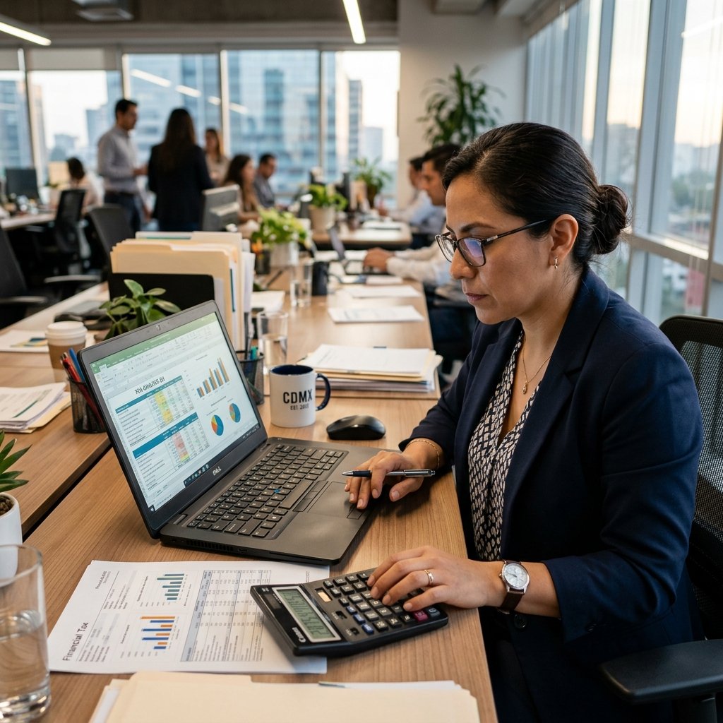 Contador analizando métricas de asesoría contable fiscal y administrativa