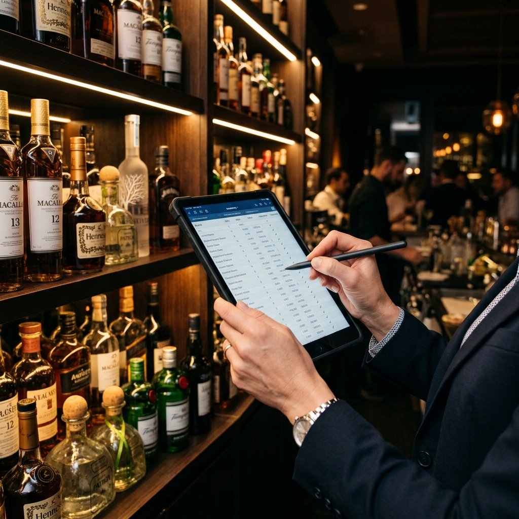 Contador usando una tablet para realizar auditoría de inventario de botellas en un bar moderno