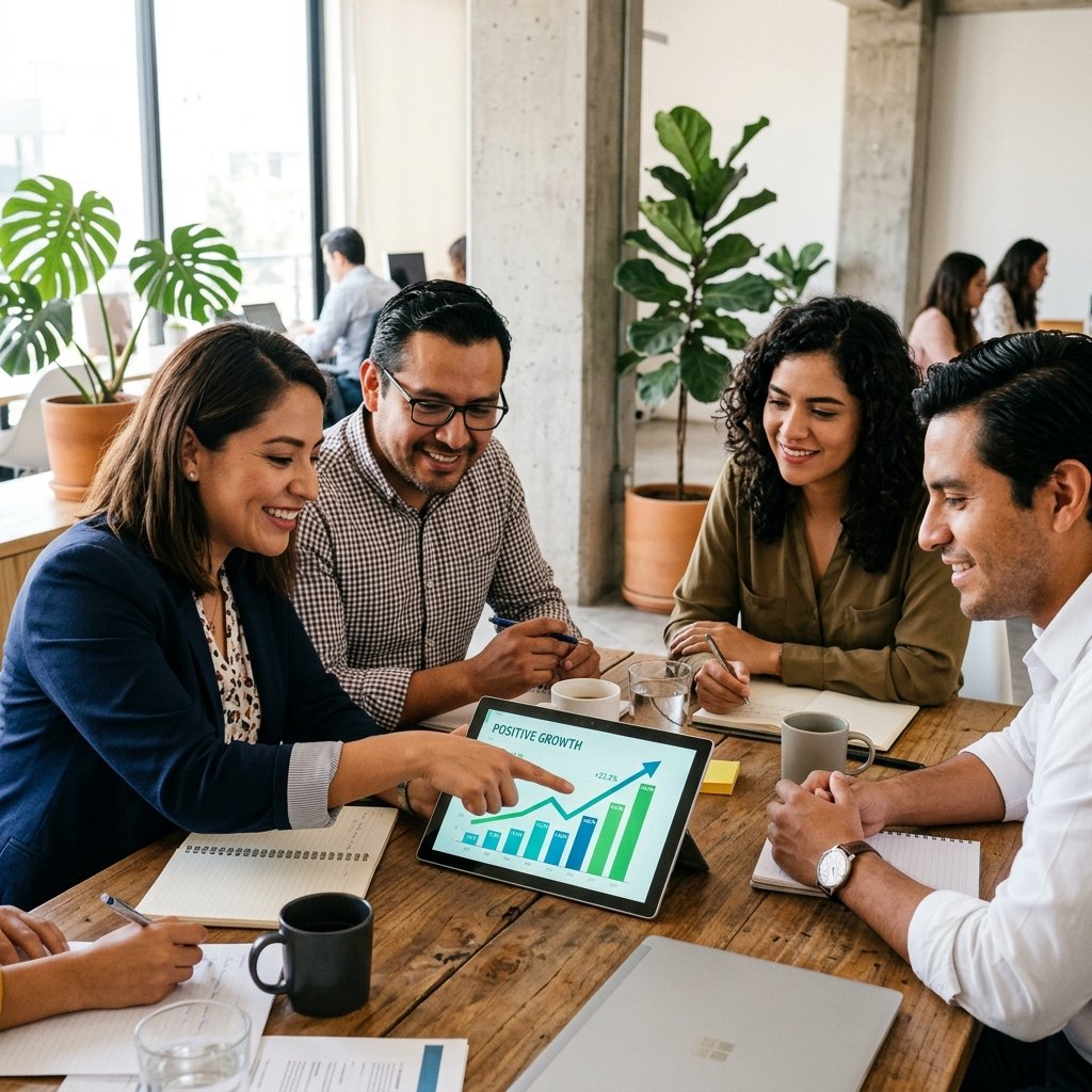 Equipo directivo de una PyME evaluando su crecimiento financiero con gráficos