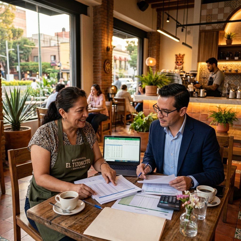 Dueño de restaurante mexicano en delantal revisando papeles financieros con su contador