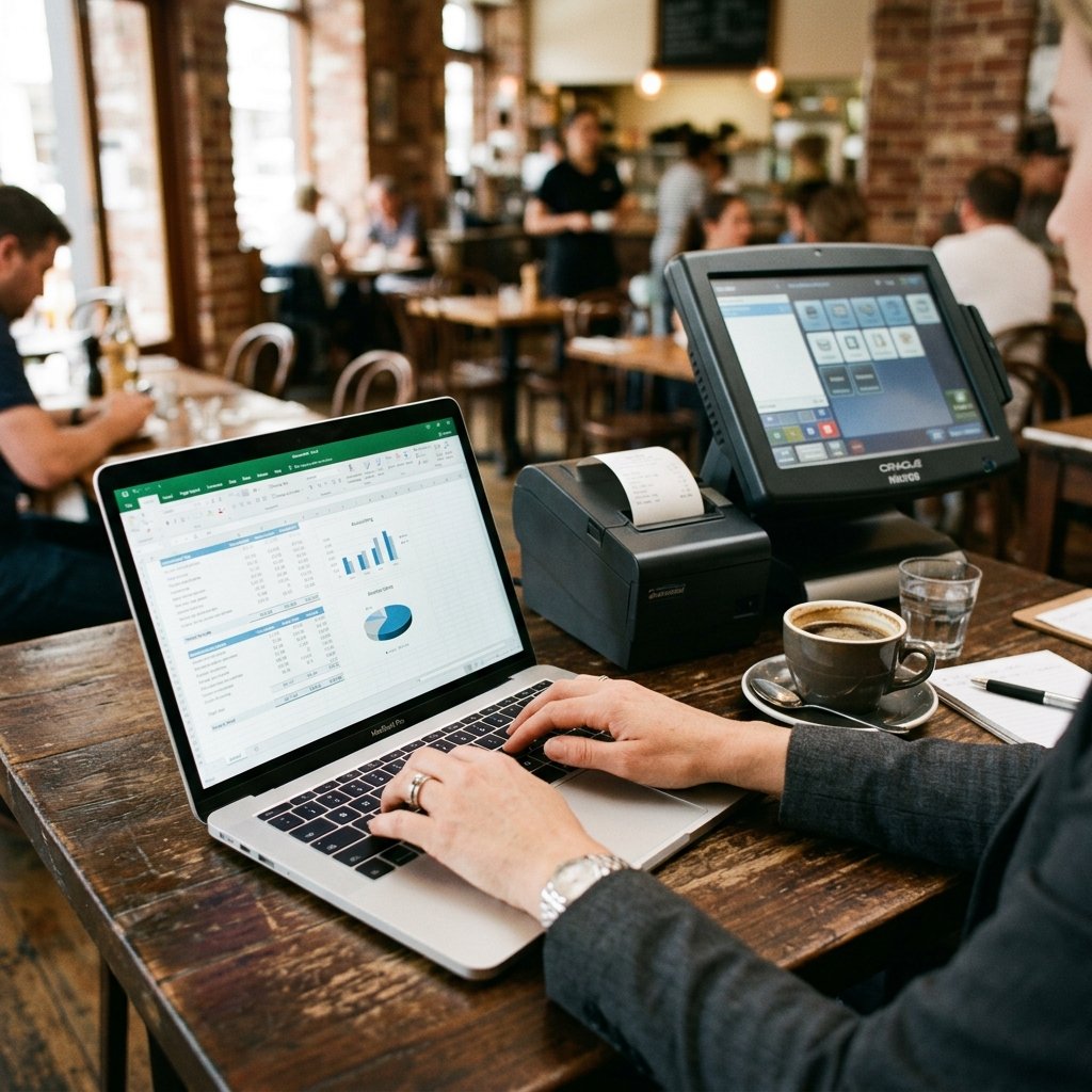 Contador trabajando en laptop junto a un sistema de punto de venta de restaurante
