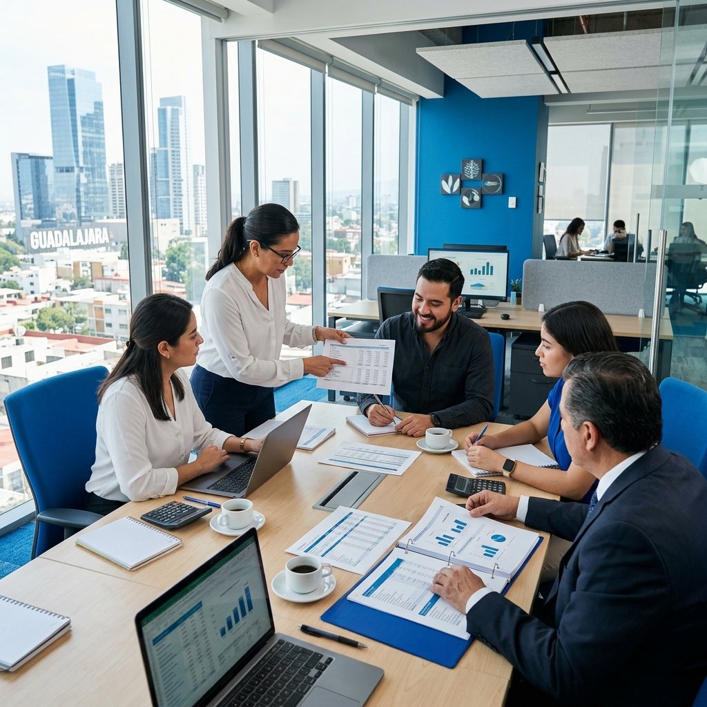 Equipo ofreciendo servicios contables y administrativos en oficina corporativa