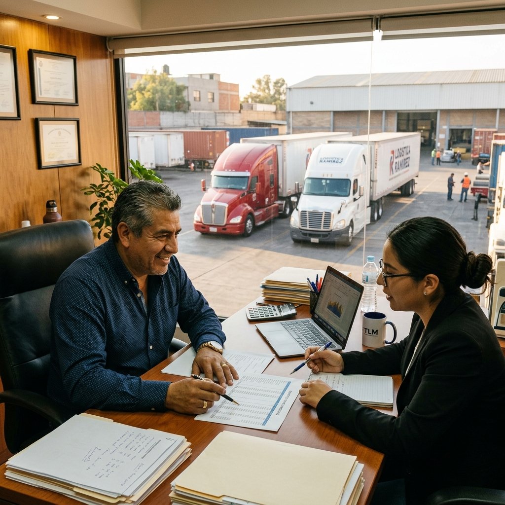 Dueño de empresa logística en Guadalajara revisando contabilidad con su asesor y camiones de fondo