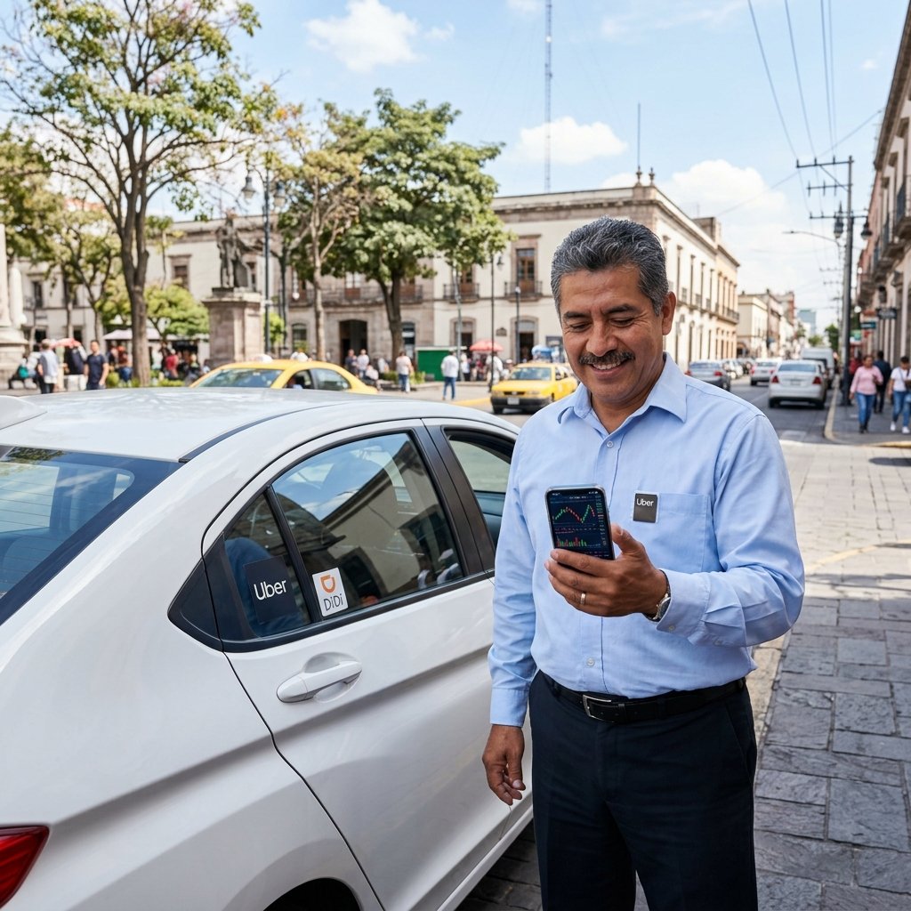 Conductor de Uber en Guadalajara revisando sus finanzas en el celular